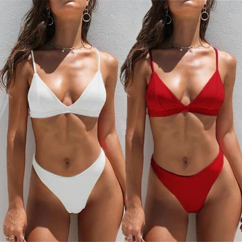 Sexy Triangle Bikini Set Nových Žen Solid Plavky Plavky Letní Plážové Oblečení Ženy Nízkým Pasem Červené Plavky Biquini
