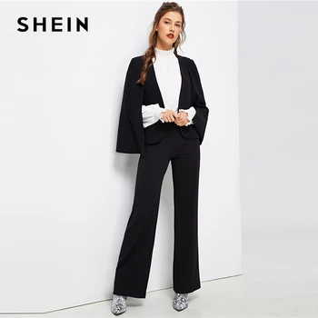 SHEIN Černé Pončo Office Lady Streetwear Plášť Sako Otevřené Přední 2018 Podzimní Elegantní Moderní pracovní Oděvy Lady Ženy, Kabáty Svrchní oblečení