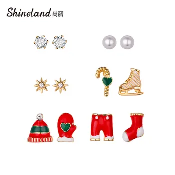Shineland 6 párů Klobouk Míč Ponožka Vánoční Náušnice Simulované Pearl Crystal Geometrické Brincos pro Ženy Malé Roztomilé Šperky