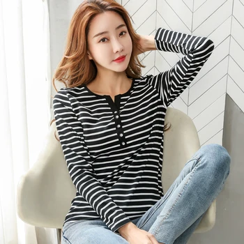 Shintimes pruhované Tričko Ženy V-Neck Tlačítko Plus Velikost Dlouhý Rukáv 2020 Podzim Bavlna T-Shirt Žena korejský Styl Tee Shirt Femme
