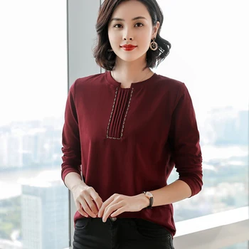 Shintimes Záhyby Dlouhý Rukáv T-Shirt Patchwork T Shirt Ženy 2020 Podzim Bavlněné Tričko Korean Módní Plus Velikosti Dámské Oblečení