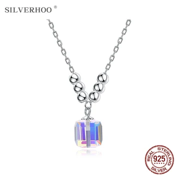 SILVERHOO 925 Sterling Silver Jednoduché, Jasné Geometrie Náměstí Rakousko Crystal Přívěsek Náhrdelníky Pro Ženy Jemné Šperky Příslušenství