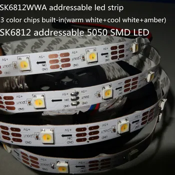 SK6812WWA(SK6812 IC+teplá bílá+studená bílá+oranžové čipy uvnitř) adresovatelné led pás;30leds/m;non-vodotěsné;5m;DC5V vstupní