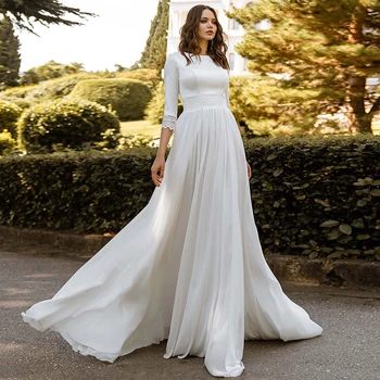 Skromný Satén a Šifon Svatební Šaty 2021 Elegantní Tři Čtvrtletí Rukáv O-neck A-line Svatební Šaty na Zakázku