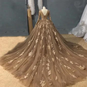 Skutečný Obraz Luxusní Šampaňské Ples Šaty Svatební Šaty s Odnímatelnými Vlak Nášivka Krajky, Korálky Crystal Dlouhý Rukáv Svatební Šaty