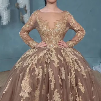 Skutečný Obraz Luxusní Šampaňské Ples Šaty Svatební Šaty s Odnímatelnými Vlak Nášivka Krajky, Korálky Crystal Dlouhý Rukáv Svatební Šaty