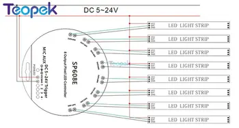 SP608E Pixel Hudba LED Controller 8 digitálních Výstupů RF Dálkový ovladač Pro Adresovatelné WS2812B Pás SK6812 UCS1903 TM1804