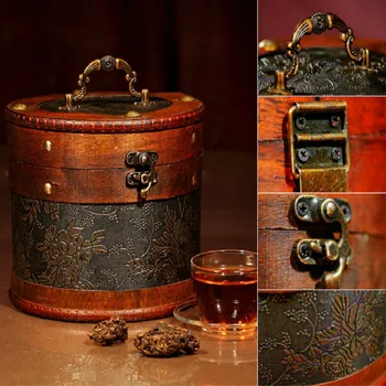Starožitný kulatý dřevěný box ve tvaru sudu konvice na čaj retro úložný box kreativní Čínské dárkové krabičce starožitný čaj kulaté plechové kontejnery