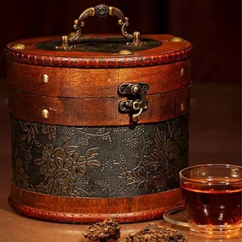 Starožitný kulatý dřevěný box ve tvaru sudu konvice na čaj retro úložný box kreativní Čínské dárkové krabičce starožitný čaj kulaté plechové kontejnery