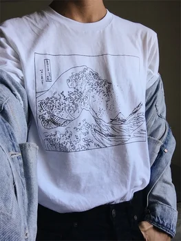 STARQUEEN-JBH Unisex Vintage Fashoin Hokusai Vlna, Osnova T-Shirt Tumblr Grunge Bílé Graphic Tee Roztomilý Letní Topy