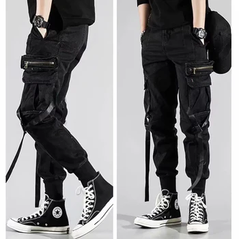 Streetwear Černá Cargo Kalhoty Muži Módní Joggers Tepláky Japonské Volné Ležérní Kotník délka Kalhoty