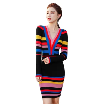 Stripe Knit Šaty, Jeden kus Dámy Korea Zimní Dlouhý Rukáv V krku Měkké harajuku Šaty pro ženy oblečení