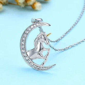 Strollgirl 925 Sterling Silver Náhrdelníky se Zirkony Měsíc a Kůň Zvíře Řetěz Přívěsek Náhrdelník pro Ženy Jemné Šperky Dárek