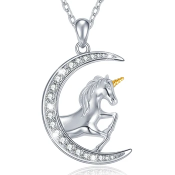 Strollgirl 925 Sterling Silver Náhrdelníky se Zirkony Měsíc a Kůň Zvíře Řetěz Přívěsek Náhrdelník pro Ženy Jemné Šperky Dárek