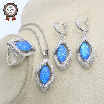 Stříbrné Šperky sady Pro Ženy Luxusní 925 Sterling Stříbro, Modrý Opál Prsten, Náušnice, Přívěsek Módní Šperky