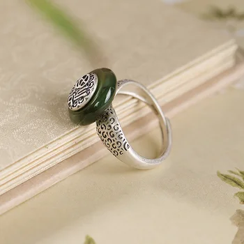 Stříbrný 925 prsten, Smaragd prsten šperky žena Sterling silver Hetian jade bezpečná spona s retro požehnání otevírání nastavitelné