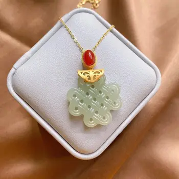 Stříbrný vykládaný přírodní chalcedon Čínský Uzel Přívěsek Náhrdelník světlo luxusní klasické jedinečné písečné zlaté řemeslo kouzlo šperky pro ženy