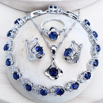 Stříbro 925 Svatební Šperky Sady Modré Zirkony Bižuterie Svatební Náhrdelník, Prsteny, Náušnice, Přívěsek, Náramky Pro Ženy