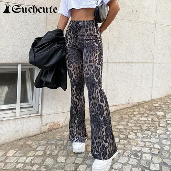 SUCHCUTE Leopard Tisk Ženy Flare Kalhoty Krajky s Vysokým Pasem Gotické Kalhoty Streetwear Módy 90. let, Oblečení Boot Cut Kalhoty