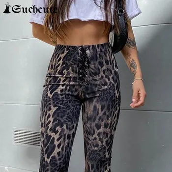 SUCHCUTE Leopard Tisk Ženy Flare Kalhoty Krajky s Vysokým Pasem Gotické Kalhoty Streetwear Módy 90. let, Oblečení Boot Cut Kalhoty