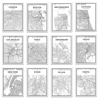 Světa, Mapa Města New York, Tokio, Paříž Černé a Bílé Umělecké Plátno Plakát Tisků Severském Stylu Malování Obraz pro Obývací Pokoj Dekor