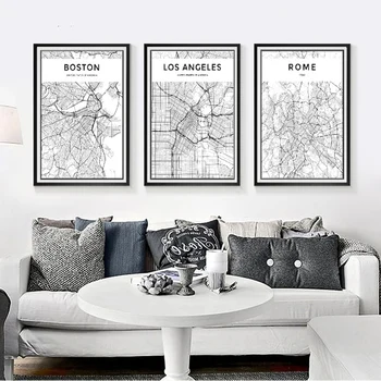 Světa, Mapa Města New York, Tokio, Paříž Černé a Bílé Umělecké Plátno Plakát Tisků Severském Stylu Malování Obraz pro Obývací Pokoj Dekor