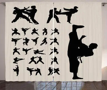 Taekwondo Závěsy Siluety Bojových Umění Profesionální Hobby Aktivit Tisk Obývací Pokoj Závěsy Okna Ložnice Béžová Černá