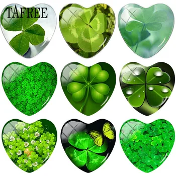 TAFREE Zelené Čtyři Leaf Clover Obrázky Tvaru Srdce 25mm DIY Sklo Cabochon Přívěsky Na Řetízky, Náhrdelník, Přívěsek Šperky Zjištění