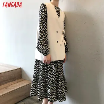 Tangada módní ženy tisk midi šaty dlouhý rukáv dámské vintage šifon šaty vysoce kvalitní ASF32