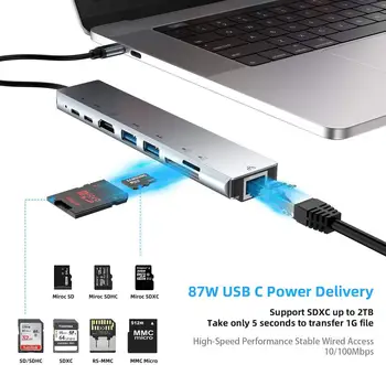 Tebe USB Type-C Hub 4K HDMI, RJ45, USB 3.0 SD/TD Card Reader PD Rychlé Nabíjení 8-v-1 Multifunkční Adaptér Pro MacBook Pro