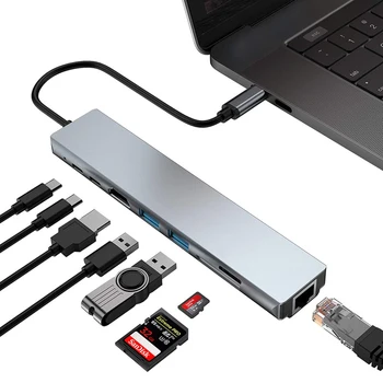 Tebe USB Type-C Hub 4K HDMI, RJ45, USB 3.0 SD/TD Card Reader PD Rychlé Nabíjení 8-v-1 Multifunkční Adaptér Pro MacBook Pro