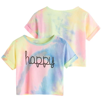 Tie Dye T-Košile Topy Děti Ležérní Dívky Šťastný Dopis Vytisknout Vytisknout Uzel Před Děti tričko 2020 Letní Krátký Rukáv Tees