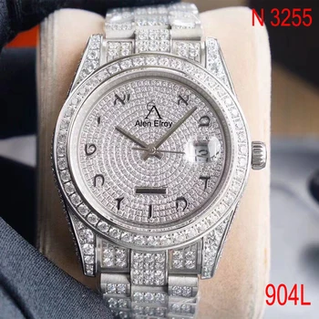 Top Iced out hodinky Stříbrné Dni-jen - Plné Diamanty Luneta Safírové sklo Automat ETA Noob 3255 pohybu 1:1 Rolexable 2020