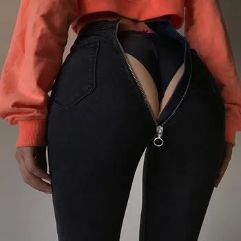Tovární Zdroj Prodeje 2020 Nový Styl High-q Zip Elastické Fabic Materiál Černá Modrá Hot Prodej Sexy Streetwear Ženské Kalhoty, Džíny