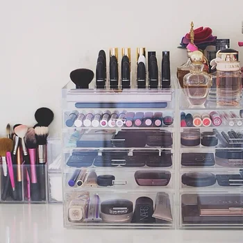 Transparentní Akrylové Make-up Organizátor psací Stůl Kosmetické Úložný Box 4 Vrstev se Zásuvkou Desktop Storage Jasné Make-Up Držák
