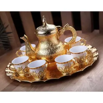 Turecký Čaj Sada Tulip Vzorovaná Stříbrná Barva Káva Setgo Šest Osob Čtrnáct Kus porcelánového kelímku nastavit a čaj teplejší a kolo