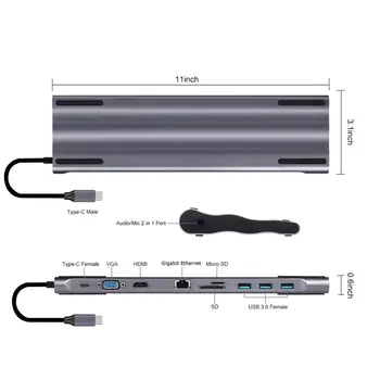 Typ C Dokovací Stanice Hliníkové 11 V 1 Čtečka paměťových Karet, RJ45 PD Pro Nabíječka Audio MacBook Samsung Galaxy Usb C Rozbočovač HDMI-Kompatibilní