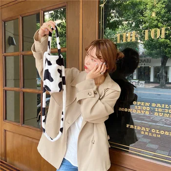 Umělé Kožešiny Kráva Vzor, Nadýchané Pouzdro Taška Žena Teenager Mládeže Student Japonský Příliv Příležitostné Roztomilé Muff Sladké Mobil Messenger Bag