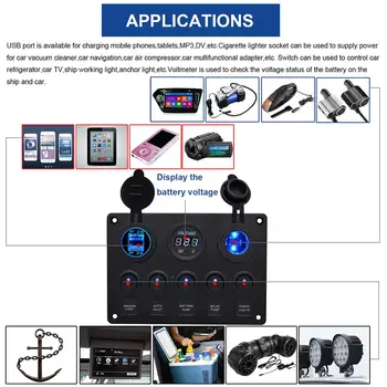 Univerzální 5 Gang Auto Mořské Lodi LED Rocker Switch Panel Vodotěsné Obvodu Digitální Voltmetr S 4.2 Duální Slot Usb Zásuvka