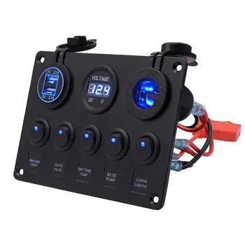 Univerzální 5 Gang Auto Mořské Lodi LED Rocker Switch Panel Vodotěsné Obvodu Digitální Voltmetr S 4.2 Duální Slot Usb Zásuvka