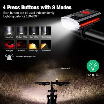 USB Dobíjecí Bike Světlo s Bell, 4 Tlačítka s 9 Režimy Super Světlé Kolo Přední Světlomet IPX4 Vodotěsné