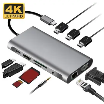 USB HUB Dokovací Stanice Typ C Adaptér USB 3.0 4K HDMI-kompatibilní VGA, RJ45 10 v 1 Converter pro Macbook Pro Thunderbolt 3