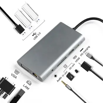 USB HUB Dokovací Stanice Typ C Adaptér USB 3.0 4K HDMI-kompatibilní VGA, RJ45 10 v 1 Converter pro Macbook Pro Thunderbolt 3