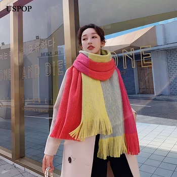 USPOP Nové zimní šátek ženy dlouhý střapec šátky velký šátek barva blokování patchwork teplé šálu