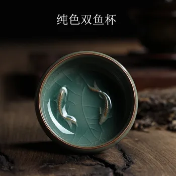 [UŠLECHTILOST] Čínské Longquan Celadon Porcelánu Čína Šálek s Podšálkem Čaj Mísy s Zlaté Ryby, 60ml Celadon Praskání Šálek