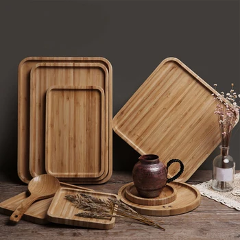 V japonském stylu dřevěný akácie náměstí snídani talíř, chléb, talíř, talíř, čaj, talíř, nádobí, talíř plný dřeva, ovocný talíř