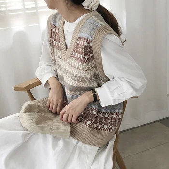 Vangull INS v krku pletené svetr vesta Podzim zima korejský styl vestu bez rukávů svetr Krátké volné Ženy svetry vesty