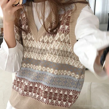 Vangull INS v krku pletené svetr vesta Podzim zima korejský styl vestu bez rukávů svetr Krátké volné Ženy svetry vesty