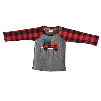 Velkoobchodní Děti Dlouhým Rukávem T-shirt Boy Vánoční Kamion Tisk Raglan Tričko Batole Červené A Černé Kostkované Top