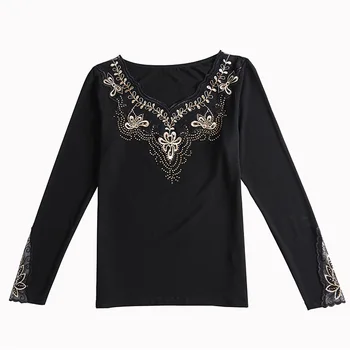 Velkoobchodní M-4XL Ženy mesh topy Nového Roku 2019 Podzim dlouhý rukáv Mesh t-shirt Módní Diamond vyšívané krajky ženy topy a košile